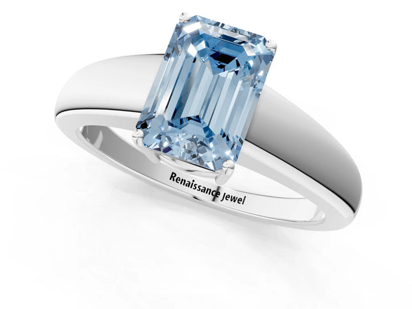 Platinum Fancy Blue Emerald  Solitaire Diamond Ring with Tapered Band and Four-Prong Setting