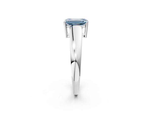 Platinum Fancy Blue Emerald  Solitaire Diamond Ring with Tapered Band and Four-Prong Setting