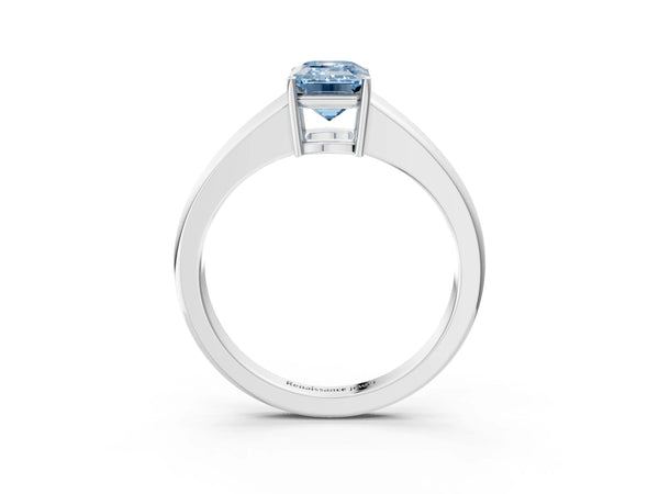Platinum Fancy Blue Emerald  Solitaire Diamond Ring with Tapered Band and Four-Prong Setting