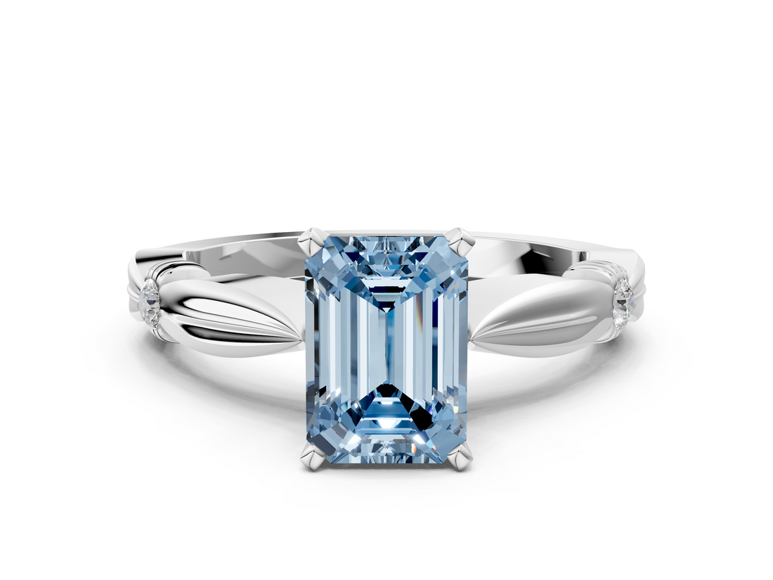 White gold Fancy Blue Emerald  Solitaire Diamond Twisted Band with Four-Prong Setting_59