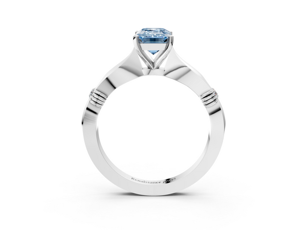 Platinum Fancy Blue Emerald  Solitaire Diamond Twisted Band with Four-Prong Setting