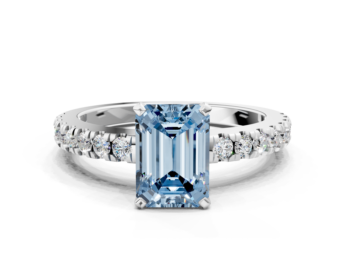 White gold Fancy Blue Emerald  Solitaire Diamond with Pavé Band and Four-Prong Setting_63