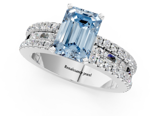 White gold Fancy Blue Emerald Cut Diamond Solitaire Ring with Pavé and Channel Set Band