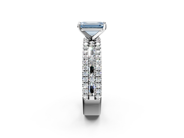 White gold Fancy Blue Emerald Cut Diamond Solitaire Ring with Pavé and Channel Set Band