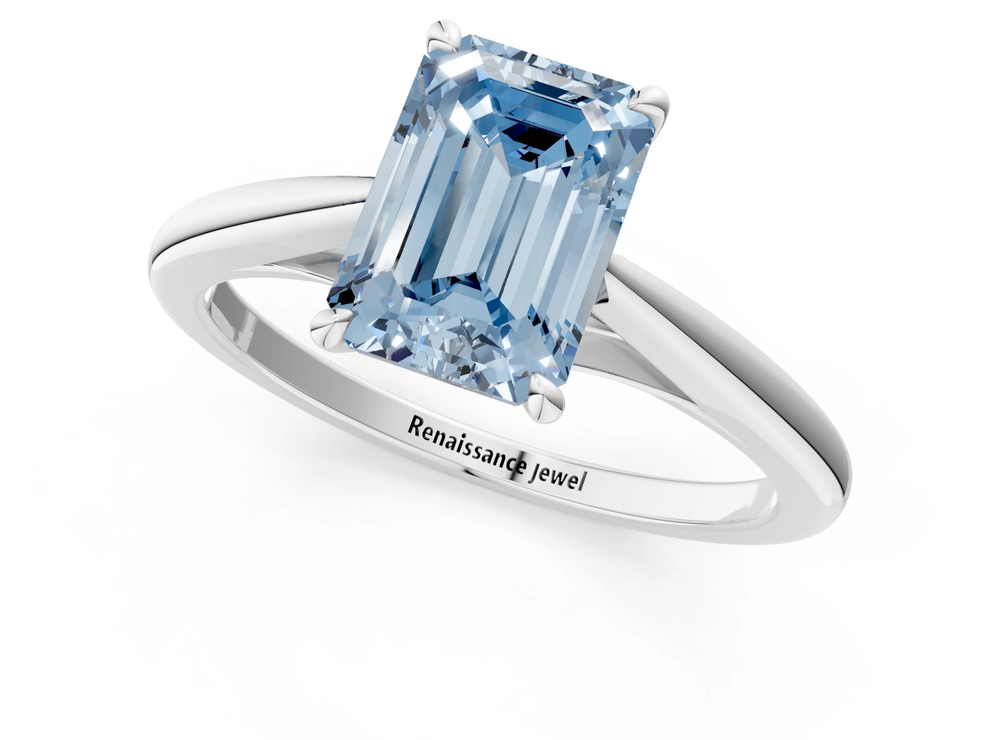 White gold Fancy Blue Emerald  Solitaire Engagement Ring with Four-Prong Setting and Classic Band 2