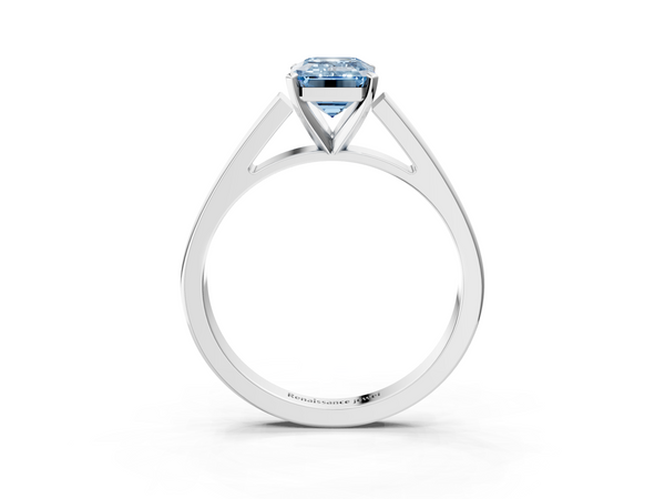 Platinum Fancy Blue Emerald  Solitaire Engagement Ring with Four-Prong Setting and Tapered Band