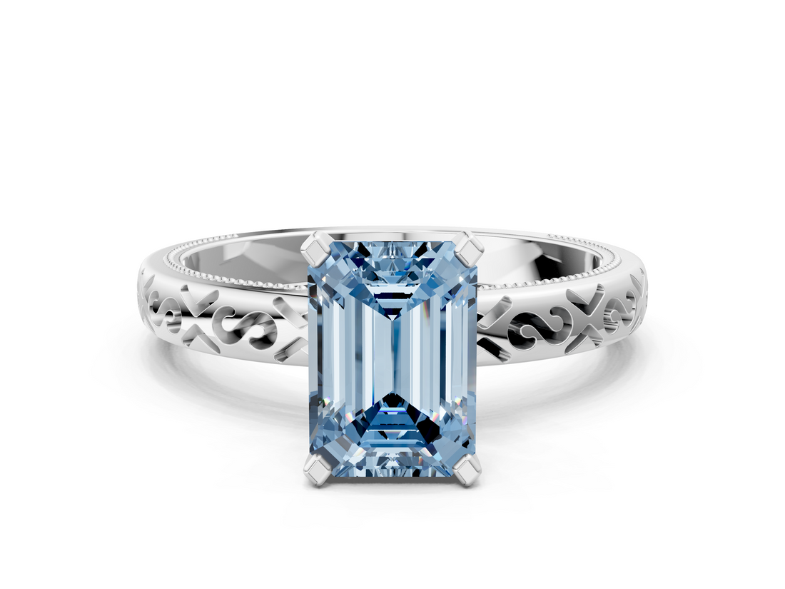 White gold Fancy Blue Emerald  Solitaire Engagement Ring with Scrollwork Band and Four-Prong Setting_117