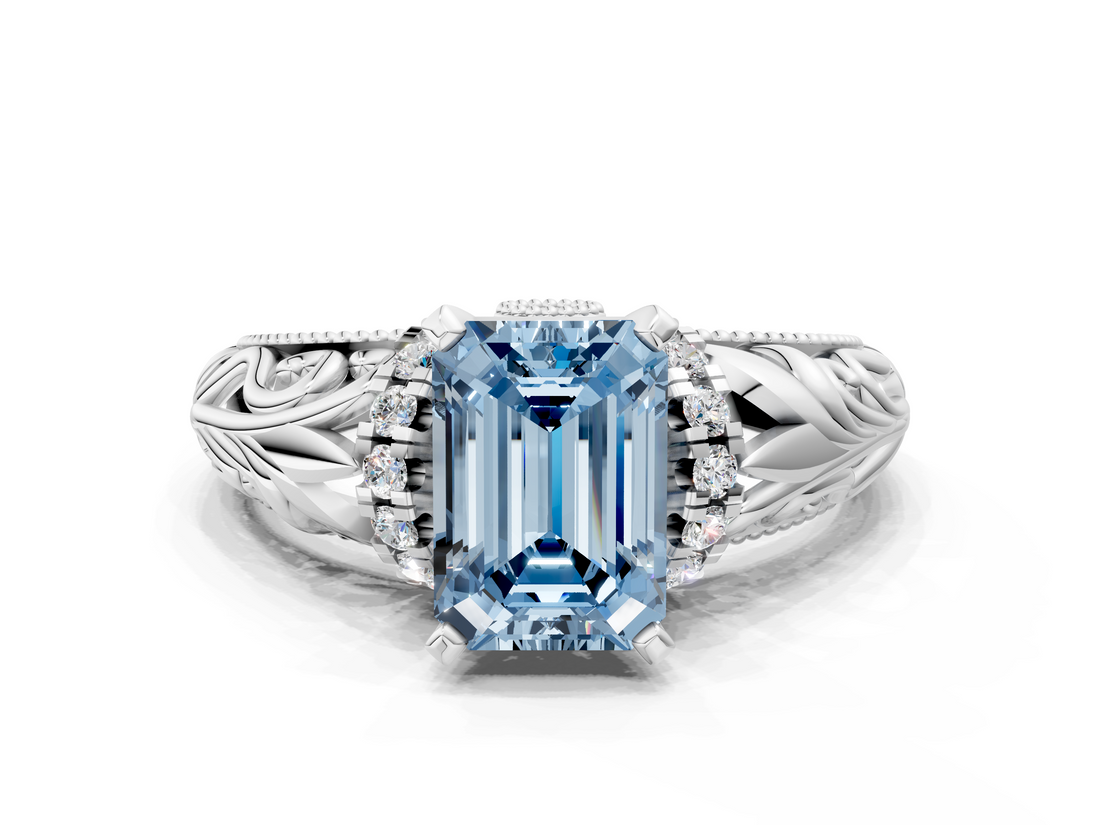 White gold Fancy Blue Emerald  Solitaire Filigree Engagement Ring with Halo and Prong Setting_92
