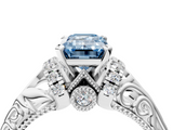White gold Fancy Blue Emerald  Solitaire Filigree Engagement Ring with Halo and Prong Setting_96