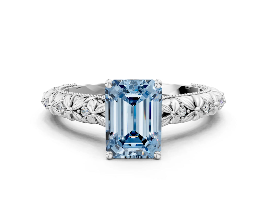 White gold Fancy Blue Emerald  Solitaire Floral Milgrain Engagement Ring_30