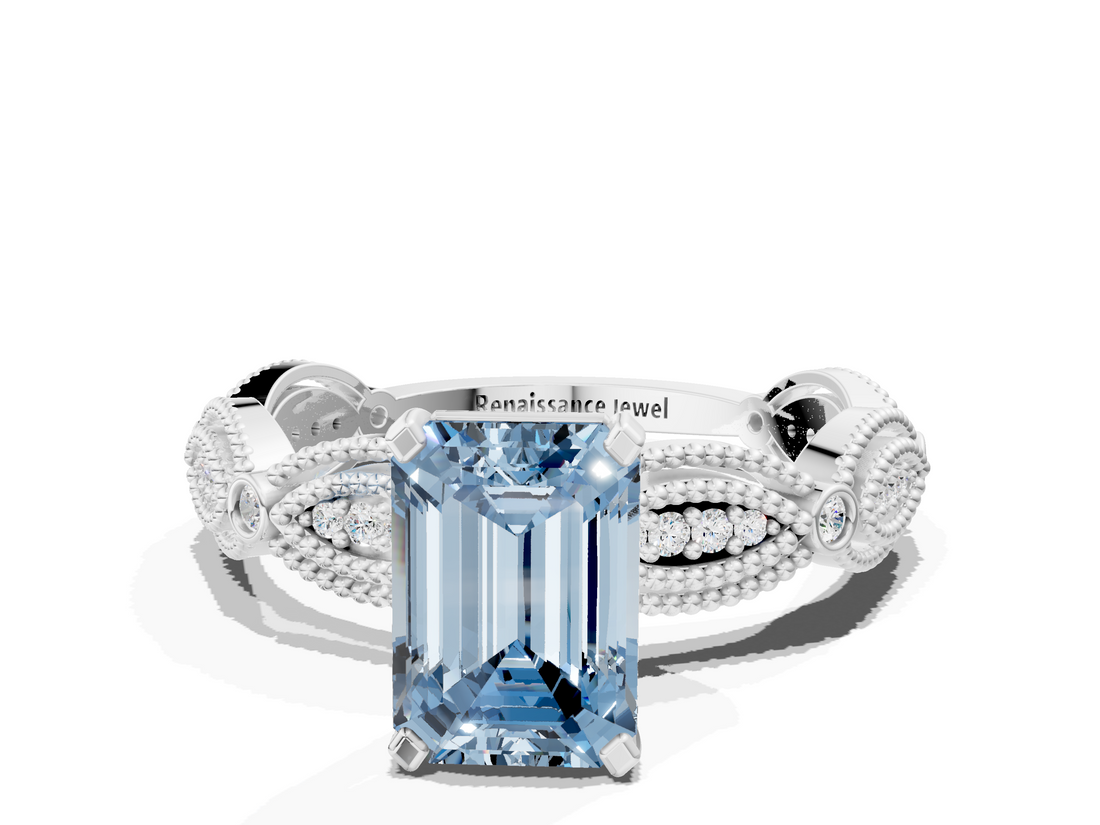 White gold Fancy Blue Emerald  Solitaire Milgrain Diamond Engagement Ring with Bezel and Marquise Band_66
