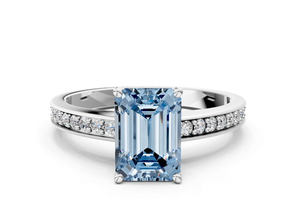 White gold Fancy Blue Emerald  Solitaire Pavé Band Prong Setting Ring
