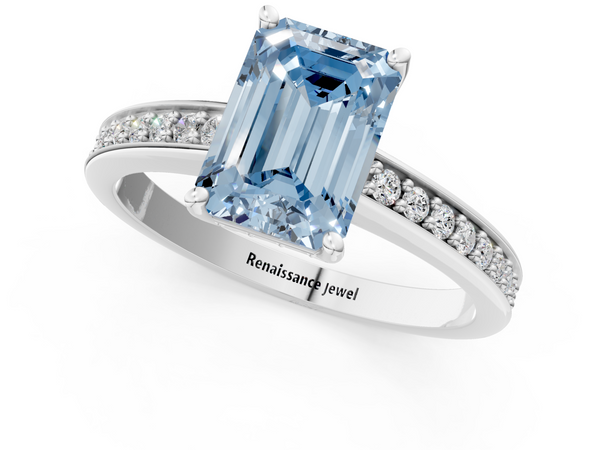 White gold Fancy Blue Emerald  Solitaire Pavé Band Prong Setting Ring
