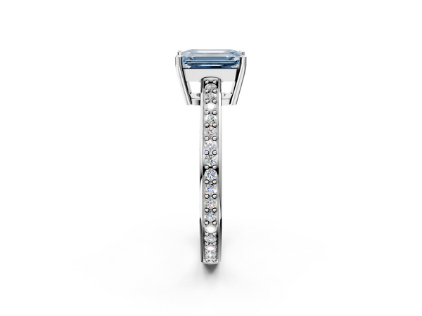White gold Fancy Blue Emerald  Solitaire Pavé Band Prong Setting Ring