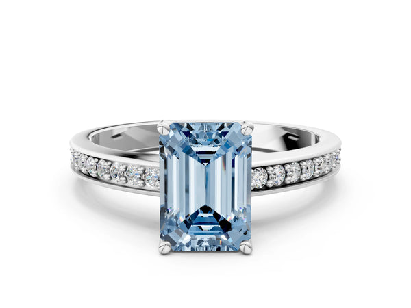 White gold Fancy Blue Emerald  Solitaire Pavé Band Prong Setting Ring