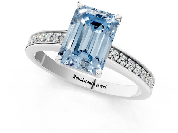 White gold Fancy Blue Emerald  Solitaire Pavé Band Prong Setting Ring