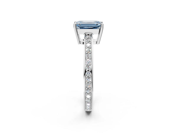 White gold Fancy Blue Emerald  Solitaire Pavé Band Prong Setting Ring
