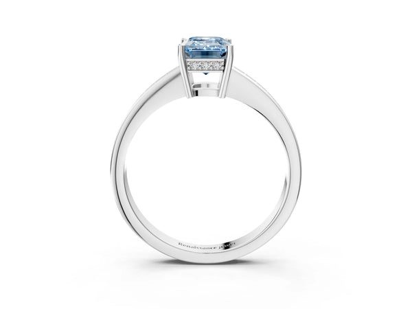 White gold Fancy Blue Emerald  Solitaire Pavé Band Prong Setting Ring