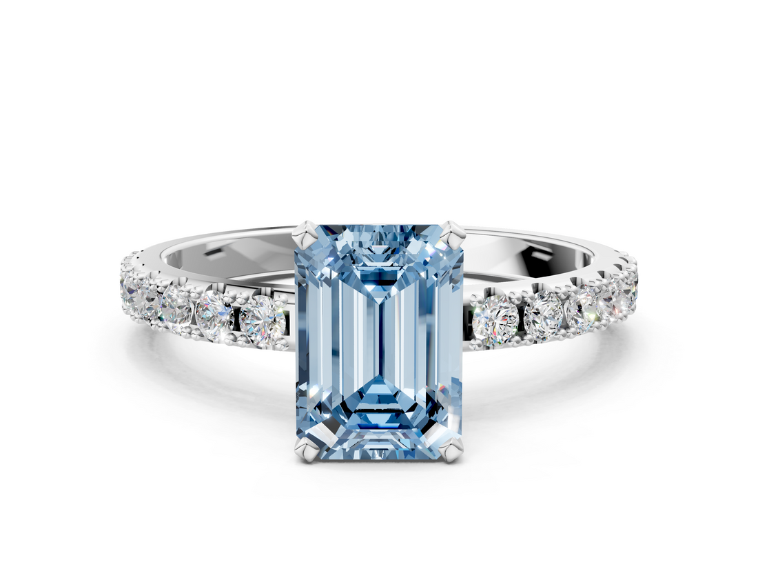White gold Fancy Blue Emerald  Solitaire Pavé Band with Four-Prong Setting_139