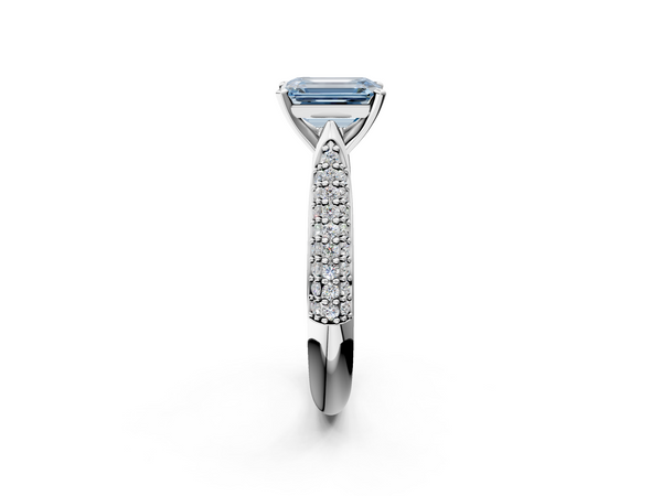 Platinum Fancy Blue Emerald  Diamond Solitaire Engagement Ring with Pavé Band and Four-Prong Setting