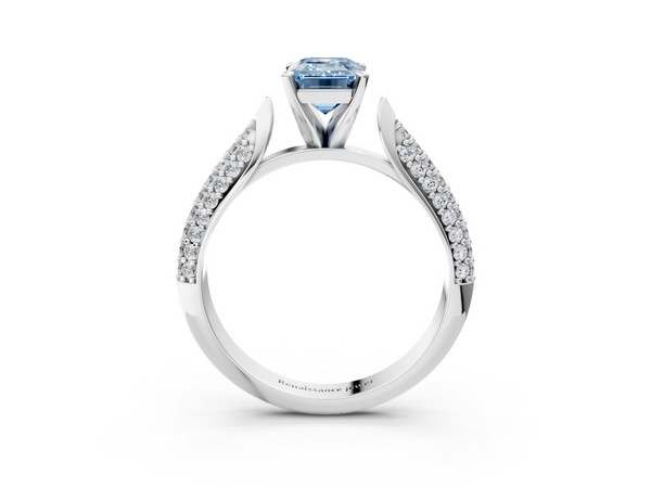 Platinum Fancy Blue Emerald  Diamond Solitaire Engagement Ring with Pavé Band and Four-Prong Setting