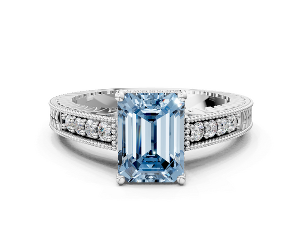 Platinum Fancy Blue Emerald  Solitaire Pavé Diamond Milgrain Engagement Ring with Four-Prong Setting