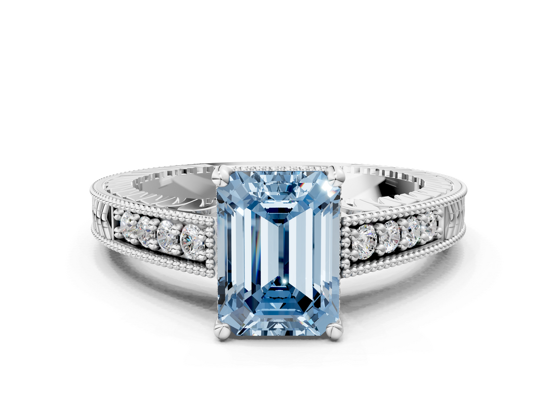 White gold Fancy Blue Emerald  Solitaire Pavé Diamond Milgrain Engagement Ring with Four-Prong Setting_3