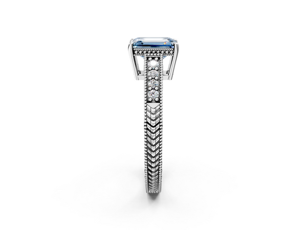 Platinum Fancy Blue Emerald  Solitaire Pavé Diamond Milgrain Engagement Ring with Four-Prong Setting
