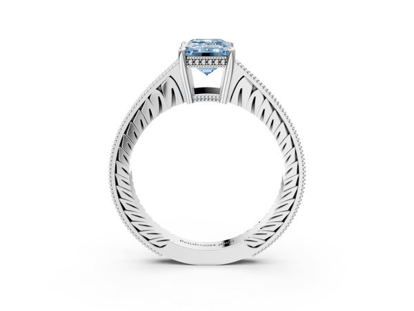 Platinum Fancy Blue Emerald  Solitaire Pavé Diamond Milgrain Engagement Ring with Four-Prong Setting