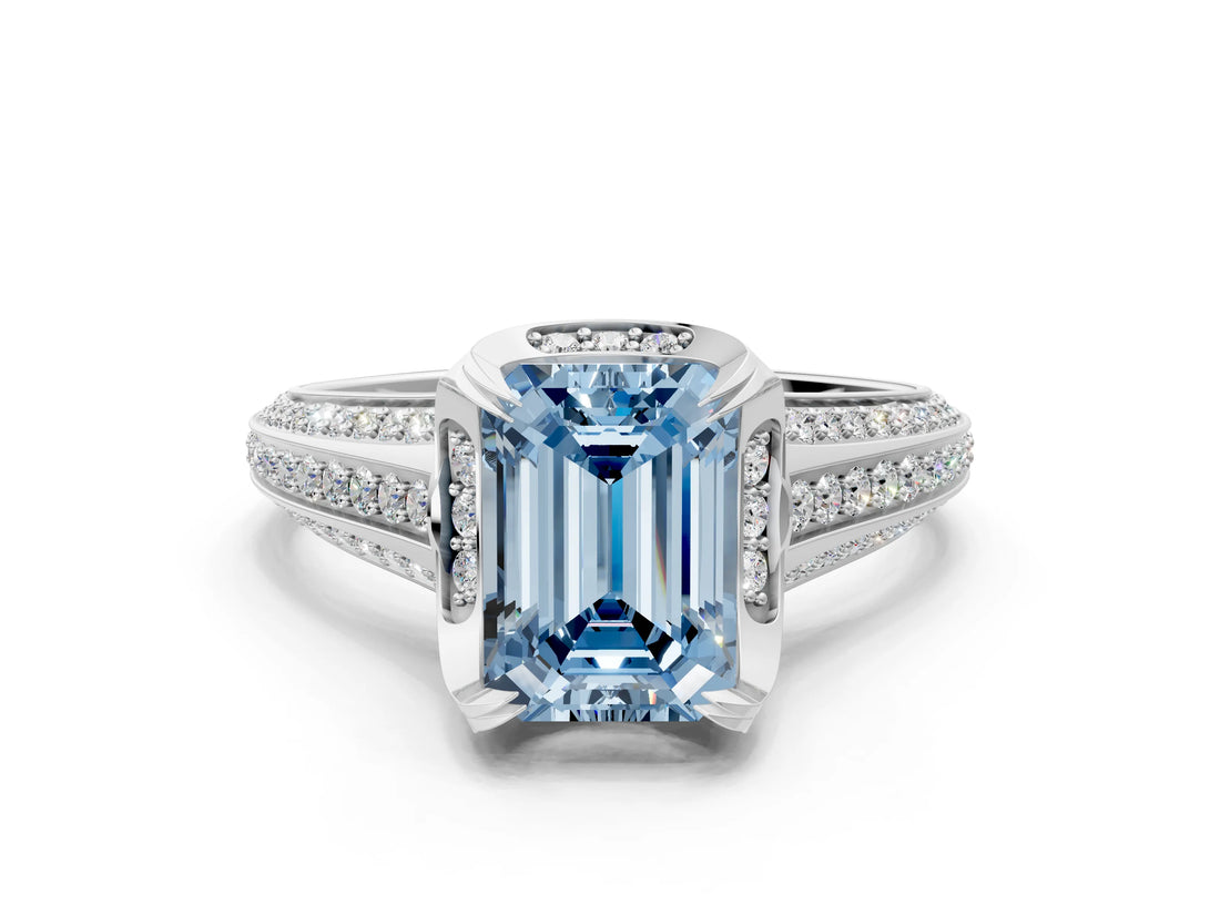 White gold Fancy Blue Emerald  Solitaire Pave Split Shank Ring with Four-Prong Setting_129