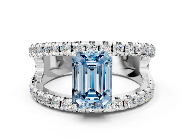 Platinum Fancy Blue Emerald  Solitaire Split Shank Pave Diamond Ring
