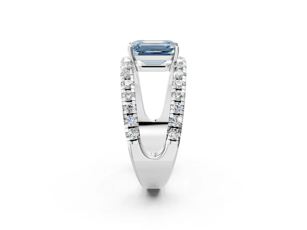 Platinum Fancy Blue Emerald  Solitaire Split Shank Pave Diamond Ring
