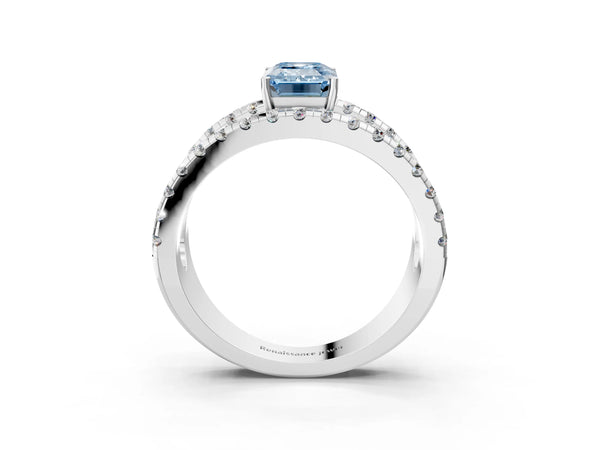 Platinum Fancy Blue Emerald  Solitaire Split Shank Pave Diamond Ring