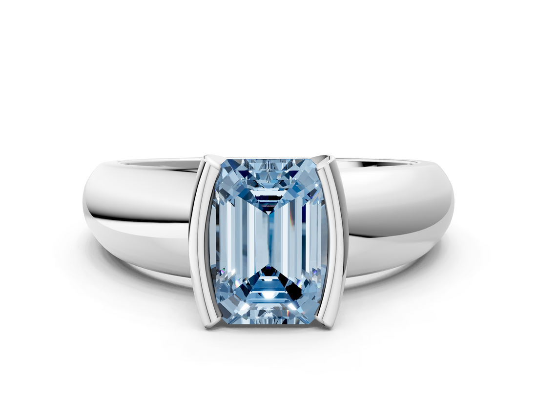 White gold Fancy Blue Emerald  Solitaire Tension Set Diamond Ring with Wide Band_17