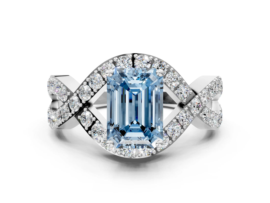 White gold Fancy Blue Emerald  Solitaire Twist Band Pavé Diamond Engagement Ring_32