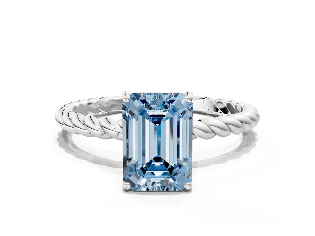 White gold Fancy Blue Emerald  Solitaire Twist Band Ring with Four-Prong Setting_15