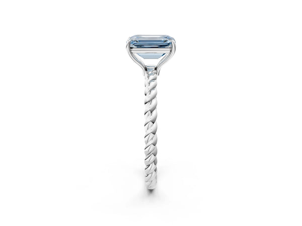 Platinum Fancy Blue Emerald  Solitaire Twist Band Ring with Four-Prong Setting