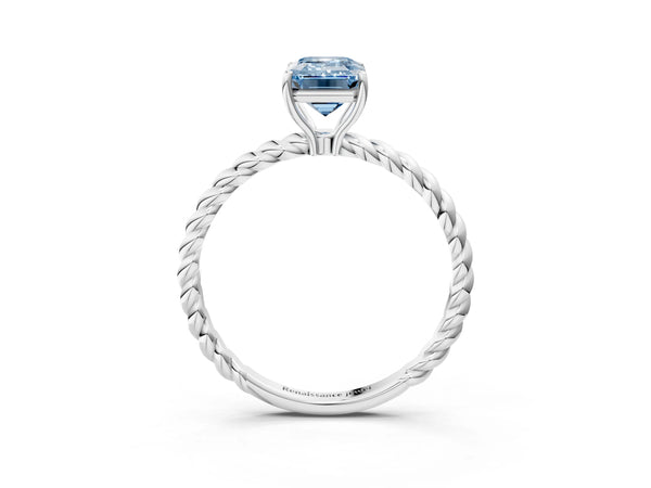 Platinum Fancy Blue Emerald  Solitaire Twist Band Ring with Four-Prong Setting
