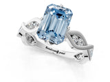 White gold Fancy Blue Emerald  Solitaire Twist Band with Leaf Prong Setting 2