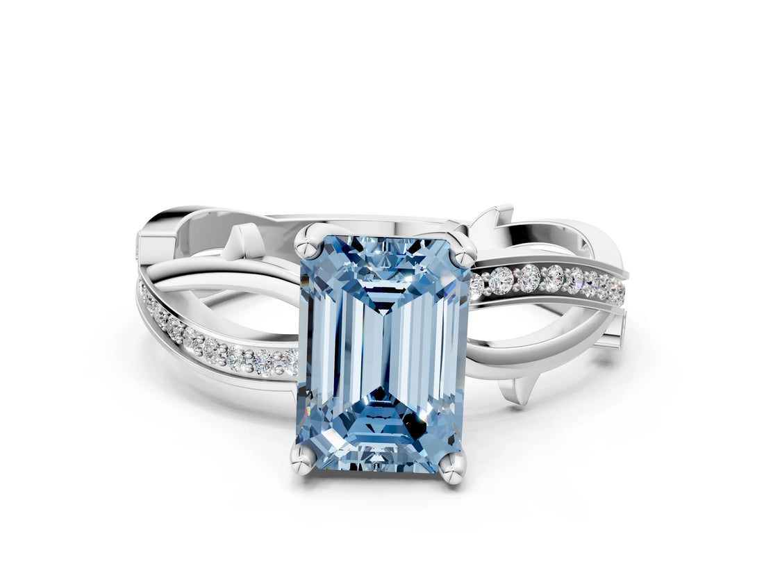 White gold Fancy Blue Emerald  Solitaire Twist Band with Pavé Accents and Four-Prong Setting_20
