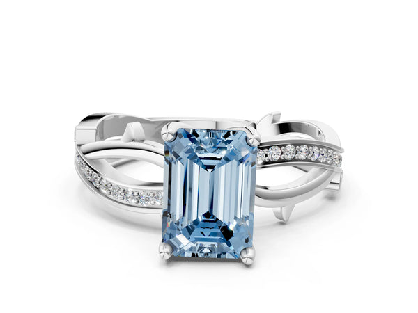 Platinum Fancy Blue Emerald  Solitaire Twist Band with Pavé Accents and Four-Prong Setting