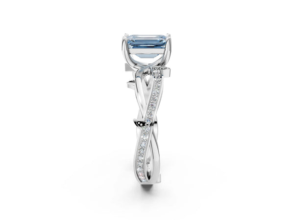 Platinum Fancy Blue Emerald  Solitaire Twist Band with Pavé Accents and Four-Prong Setting