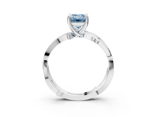 Platinum Fancy Blue Emerald  Solitaire Twist Band with Pavé Accents and Four-Prong Setting