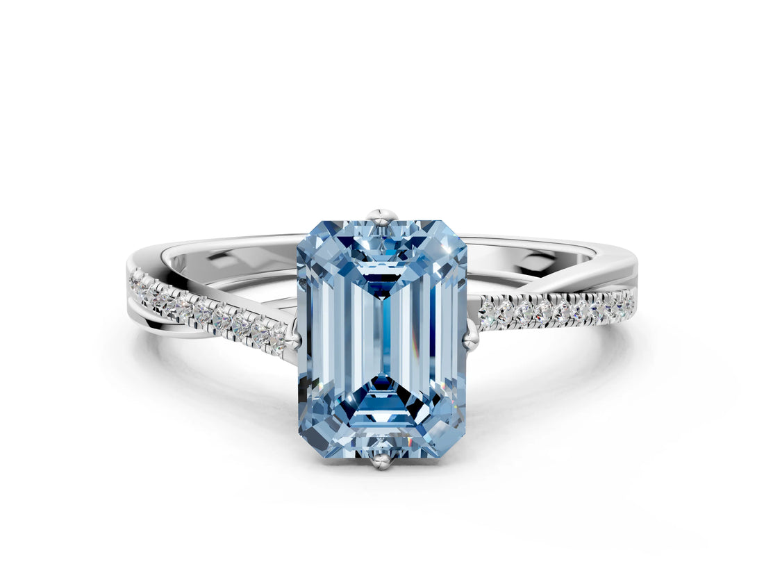 White gold Fancy Blue Emerald  Solitaire Twist Band with Pavé Diamonds and Four-Prong Setting_78