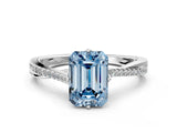 White gold Fancy Blue Emerald  Solitaire Twist Band with Pavé Diamonds and Four-Prong Setting_82