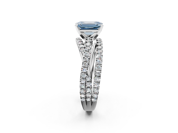 Platinum Fancy Blue Emerald  Solitaire Twist Band with Pavé Setting and Four-Prong Setting