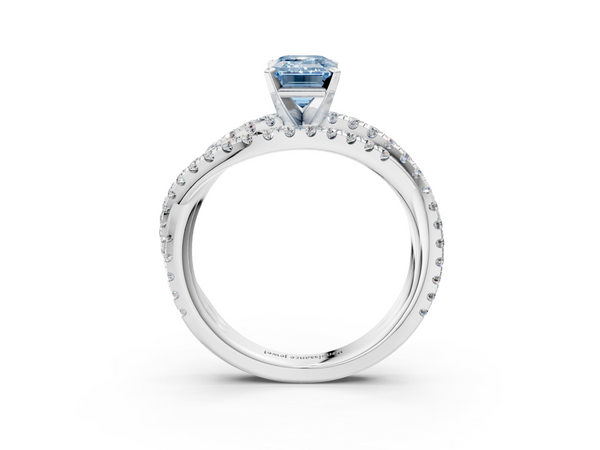 Platinum Fancy Blue Emerald  Solitaire Twist Band with Pavé Setting and Four-Prong Setting