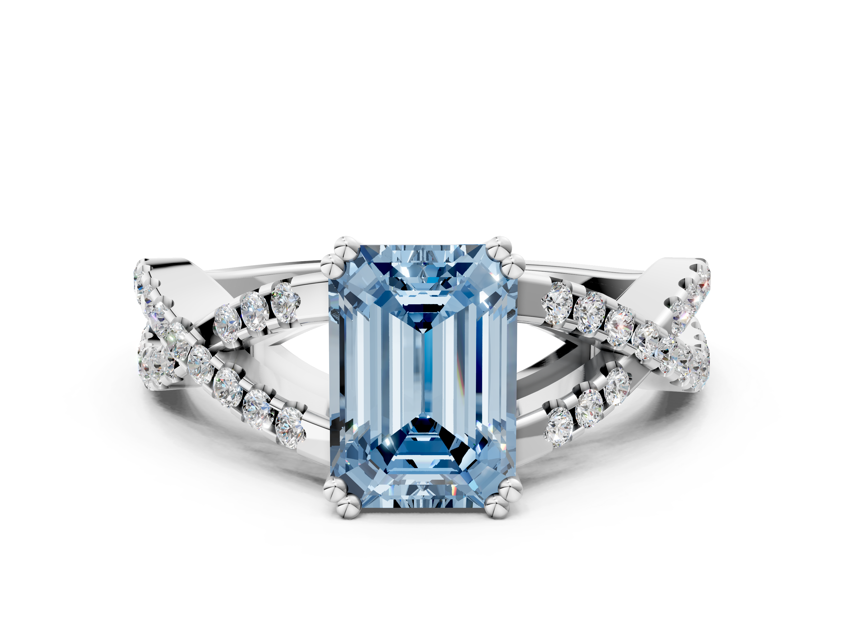 White gold Fancy Blue Emerald  Solitaire Twist Band with Pavé Setting and Four-Prong Setting_34