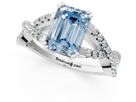 White gold Fancy Blue Emerald  Solitaire Twist Band with Pavé Setting and Four-Prong Setting_35