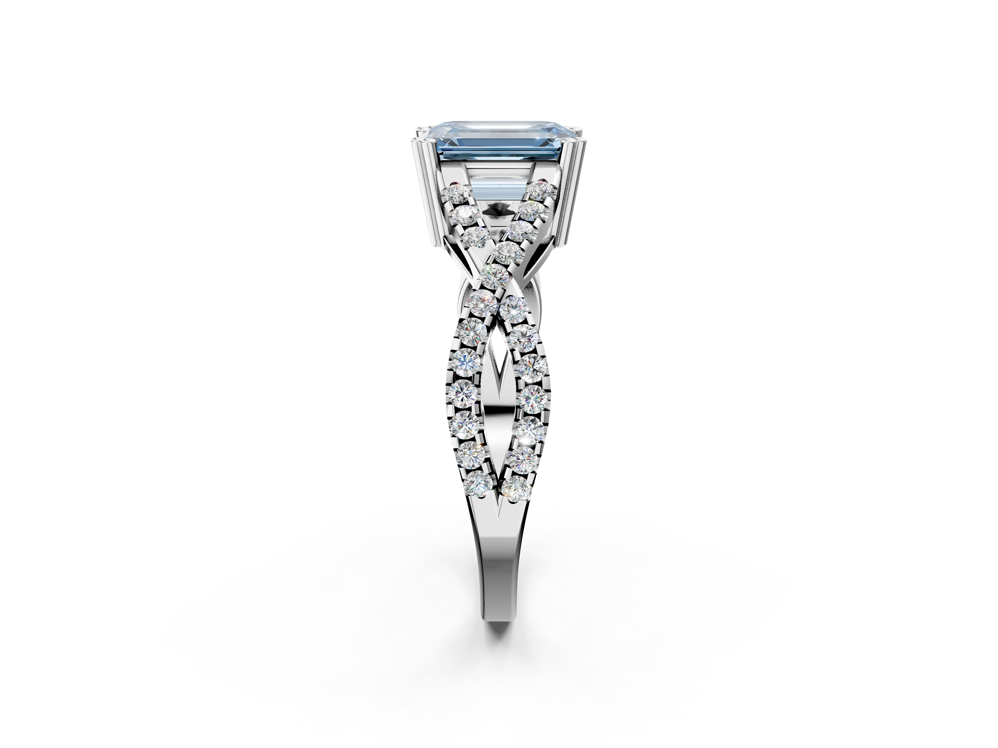 White gold Fancy Blue Emerald  Solitaire Twist Band with Pavé Setting and Four-Prong Setting_36